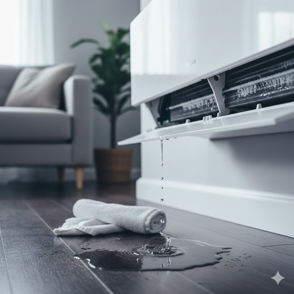 The sight no homeowner wants to see: A leaking AC unit creating a puddle, often caused by a frozen coil or a clogged drain line.